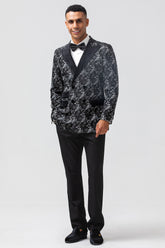 Black Jacquard Peak Lapel Double Breasted 2 Pieces Men's Prom Suits